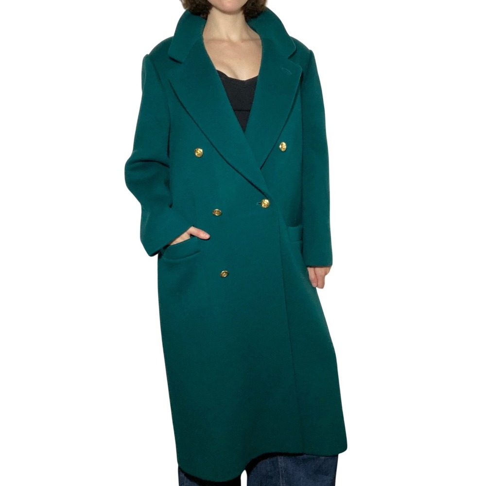 VTG USA Designer 100 Wool J.G.Hook Teal Green Double Breasted Full Length Trench
